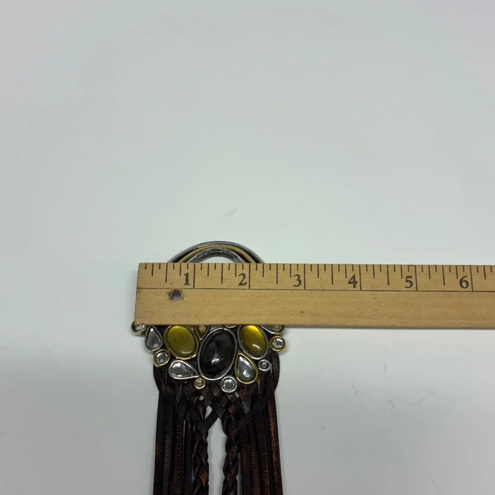 Vintage Chico's Braided‎ Brown Leather Belt Amber Black Cabochon Boho Statement